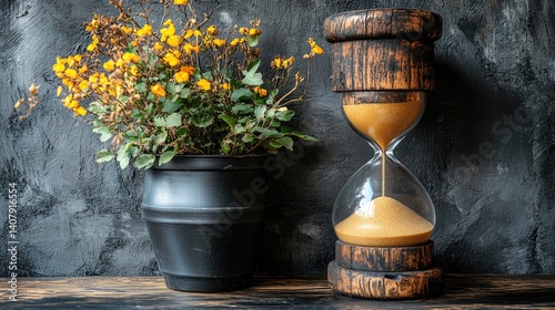 Hourglass, flowers, wood, time, dark background, still life, memento mori