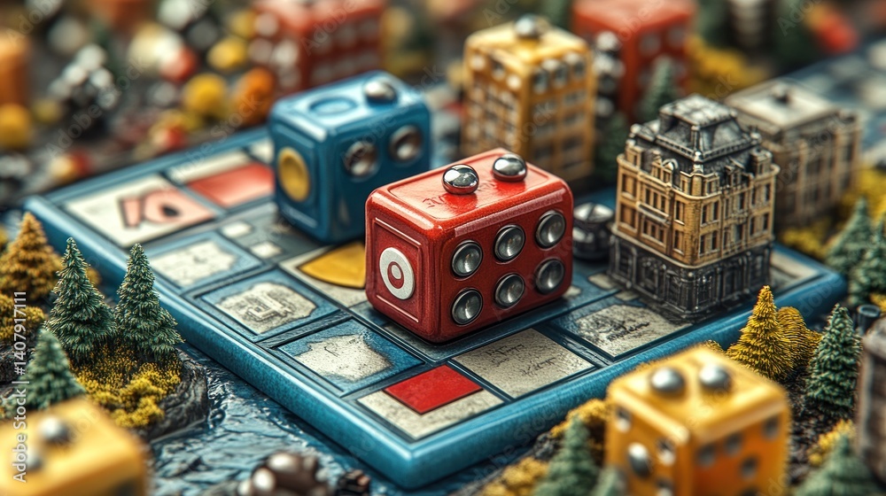 Dice-game city board game closeup autumn landscape Dice-game city board game closeup autumn landscape