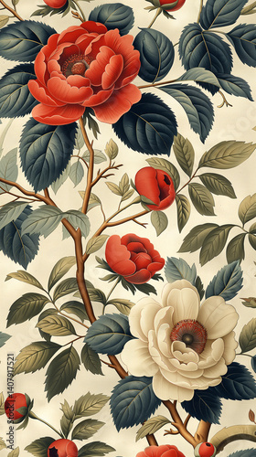 Patrón de flores y hojas inspirado en el siglo XVIII con fondo blanco repetido.