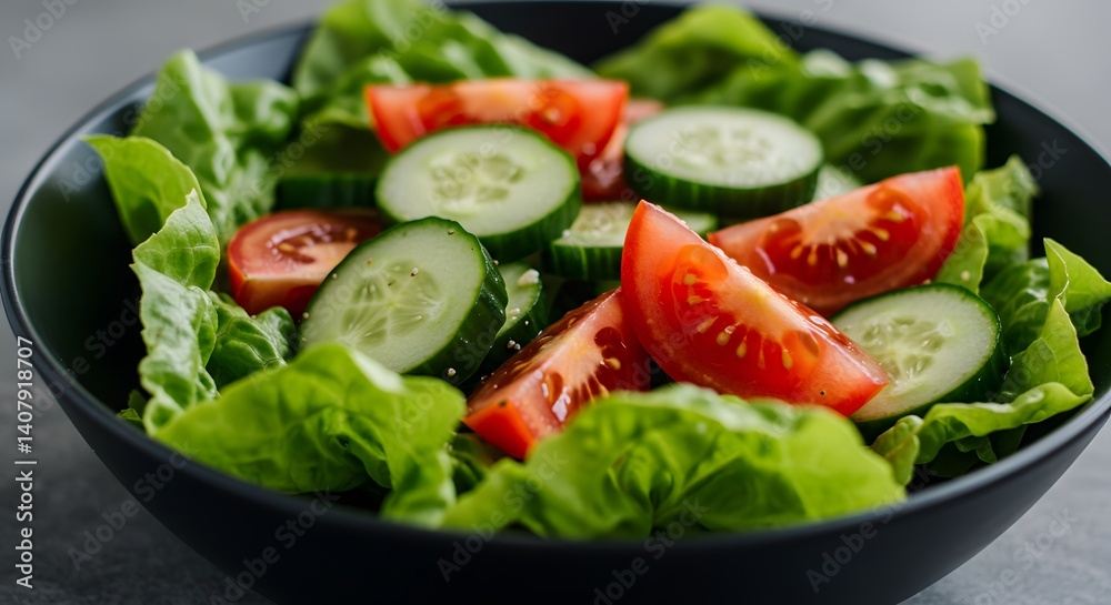 Fresh and Vibrant Cucumber, Tomato, and Lettuce Salad in a Dark Bowl Fresh and Vibrant Cucumber, Tomato, and Lettuce Salad in a Dark Bowl