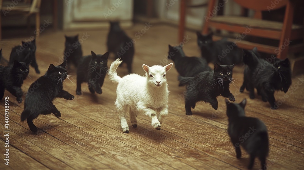 Kid goat fleeing black cats indoors, wood floor Kid goat fleeing black cats indoors, wood floor