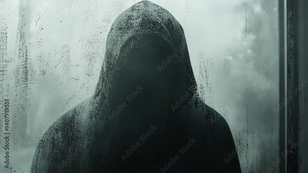 Mysterious figure in dark hoodie stands behind a fogged window on a gloomy day