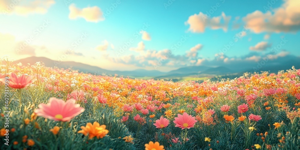 Vibrant wildflower field during golden hour in a picturesque landscape with rolling hills and colorful blooms Vibrant wildflower field during golden hour in a picturesque landscape with rolling hills and colorful blooms