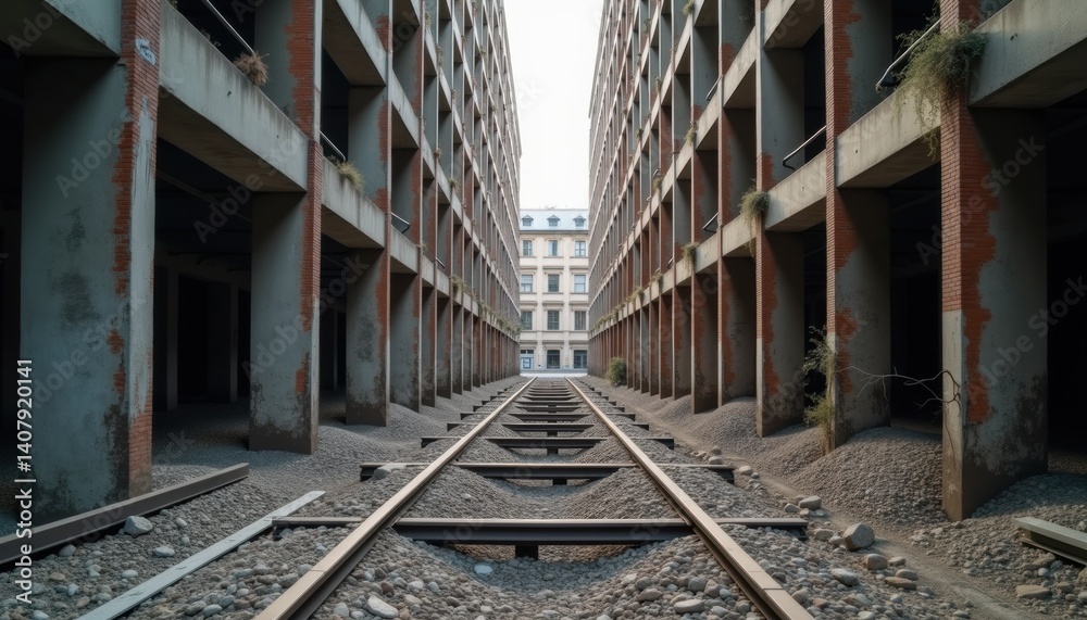 Fototapeta premium Abandoned building corridor with railway tracks in urban setting 