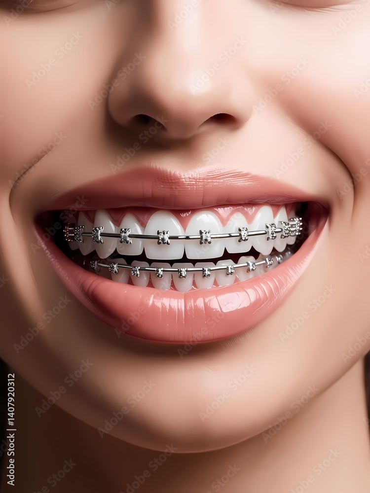 Smiling girl with braces showing dental treatment benefits in a close up portrait