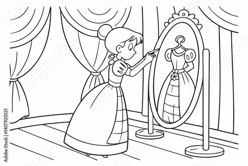 Coloring Pages, A princess dressing up, colorless, colorless, black and white
