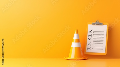 Orange traffic cone with checklist on bright yellow backdrop