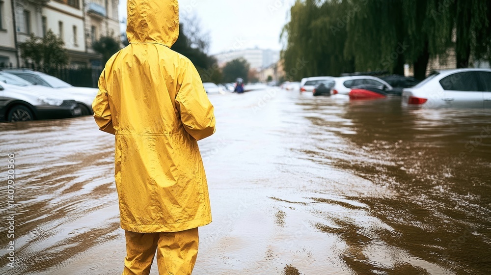 Woman walking in flooded street after rainstorm contemplates climate change