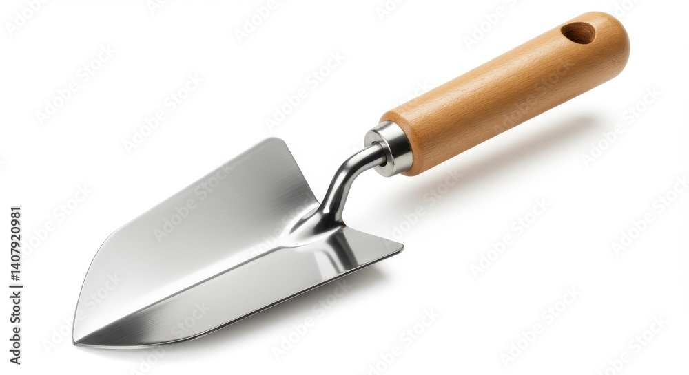 Polished metal garden trowel with a sleek, pointed blade and a smooth wooden handle featuring a rounded, dark-stained cap Polished metal garden trowel with a sleek, pointed blade and a smooth wooden handle featuring a rounded, dark-stained cap