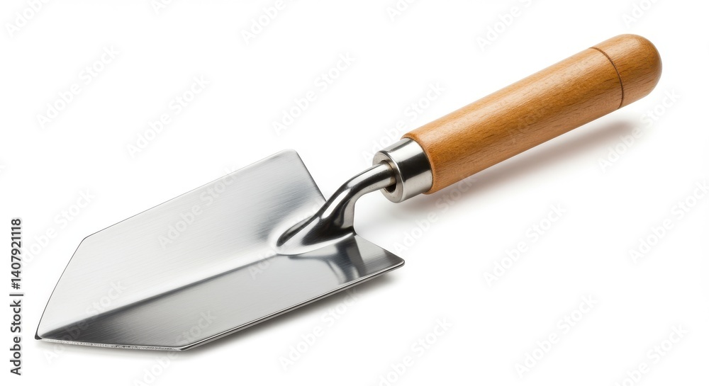 Polished metal garden trowel with a sleek, pointed blade and a smooth wooden handle featuring a rounded, dark-stained cap Polished metal garden trowel with a sleek, pointed blade and a smooth wooden handle featuring a rounded, dark-stained cap
