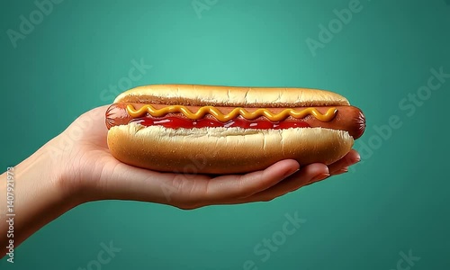 Close-up of a hand holding a hot dog with mustard and ketchup on a teal background.