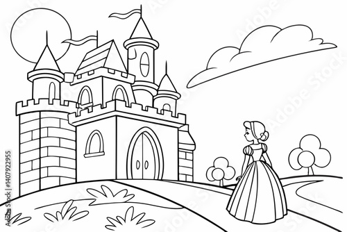 Coloring Pages, A princess standing in front of the castle, colorless, black and white