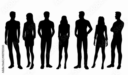 Vector silhouettes of men and a women .A group of standing business people.
