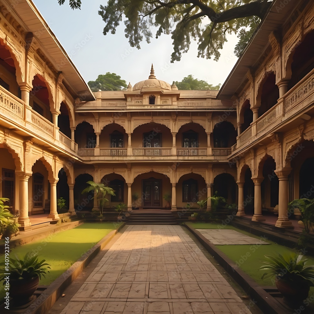 Obraz premium A historic Bengali mansion with ornate architecture, including large courtyards, traditional wooden carvings, and lush gardens.