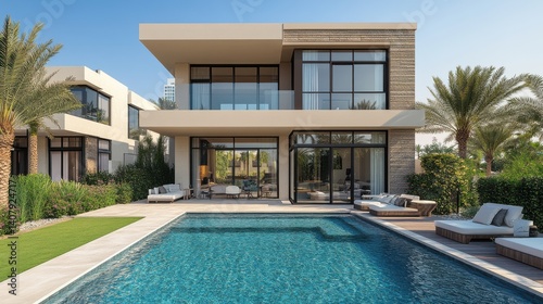 dubai villa,contemporary architecture featuring a private pool expansive garden,stunning views of the dubai skyline or the desert horizon,stock image