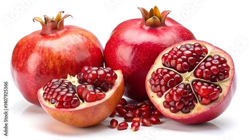 pomegranates, both whole and sliced open to reveal the juicy red seeds inside on a white background