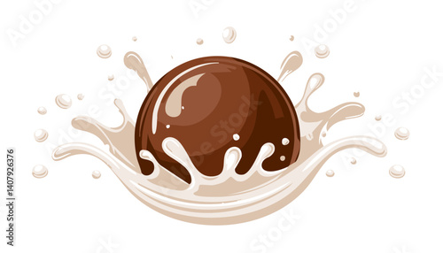 Delicious chocolate ball splashing into creamy milk. Vector illustration of sweet dessert splash effect, perfect for food packaging, dairy ads, or chocolate promotions.