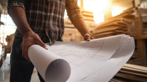 Hispanic contractor reviewing blueprints on a construction site. Featuring construction planning and project management