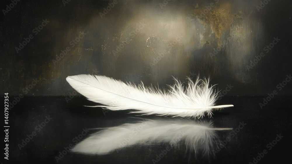 Single white feather with reflection on black surface and dark background symbolizing lightness and purity