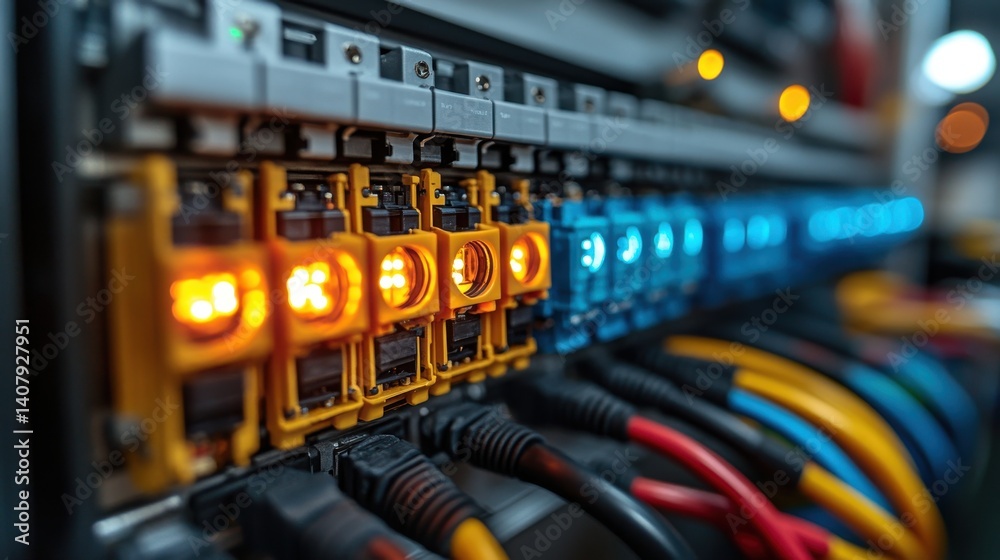 Naklejka premium electrical breaker box,colorful circuit breakers,wires showcasing close up view of components image conveys sense of modern electrical systems,safety,stock photo