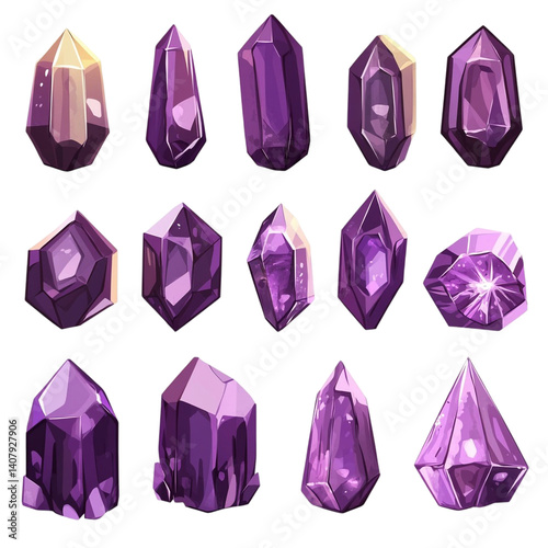 A collection of purple crystals various shapes and sizes shown against a black background