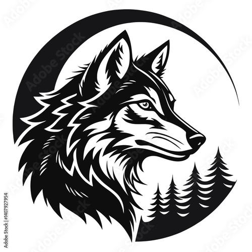 Majestic Wolf Head Silhouette, Moonlit Forest Scene