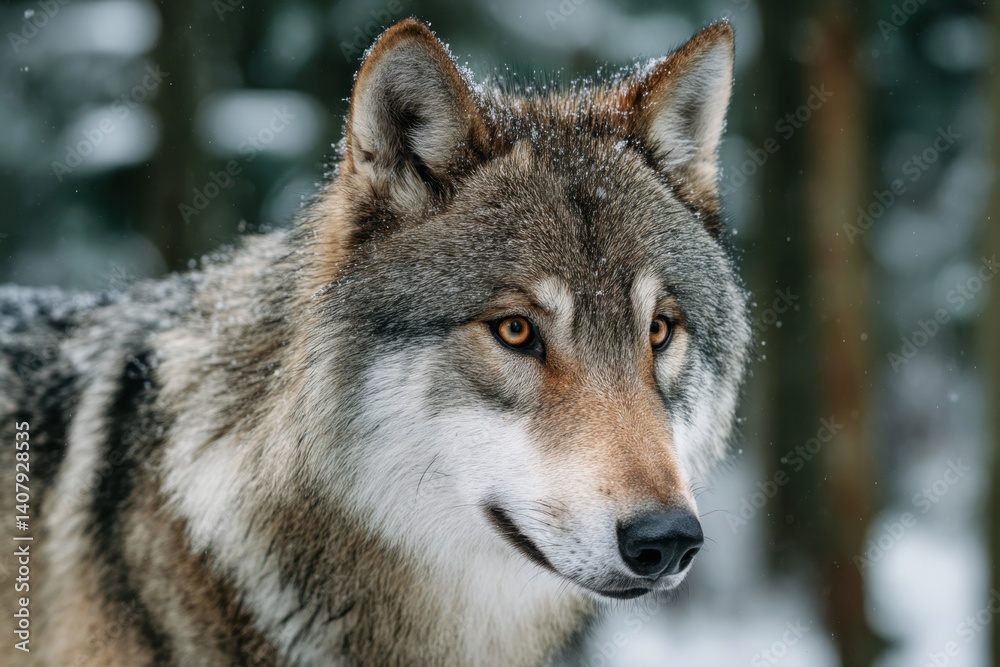 Fototapeta premium A snow-dusted wolf stares intently into the camera amidst a serene, wintry forest, showcasing detailed fur and a captivating, wild expression.