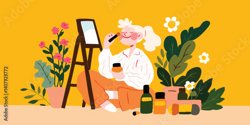 A woman in a cozy, sunlit room, engrossed in her makeup routine, surrounded by flourishing plants and a mirror. This artwork captures a moment of self-care and the joy of simple rituals.