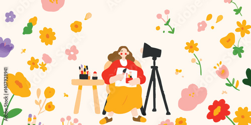 An artist is in the process of painting in a scene filled with flowers.