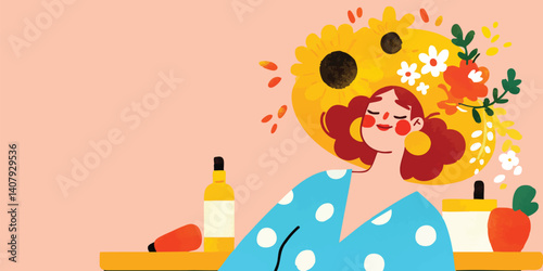 A cheerful woman in a polka-dot dress relaxes, her head adorned with a whimsical sunflower and flower crown, surrounded by a selection of skincare products.  The scene is brimming with joy and beauty.