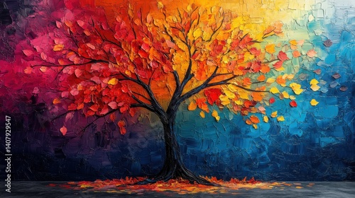 elegant colorful tree,vibrant leaves hanging branches illustration background bright color 3d abstraction wallpaper for interior mural painting wall art decor ai,stock photo