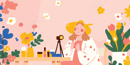 A charming and colorful illustration of a young woman, surrounded by blooming flowers, preparing to create beauty content, showcasing the allure of beauty vlogging and its blossoming popularity.