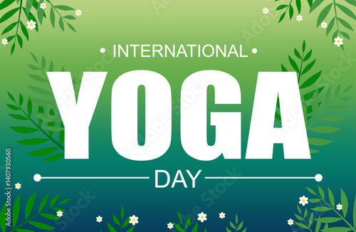 international yoga day banner with green background yoga letters and leaves and flowers