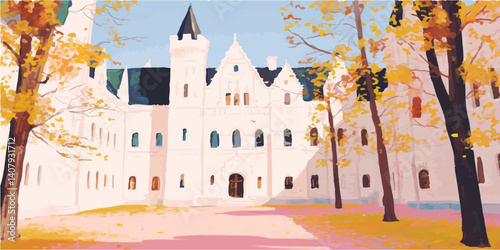 Captured in a painterly style, a majestic castle stands proudly under a blue sky, surrounded by vibrant autumnal foliage, emanating history and grandness.