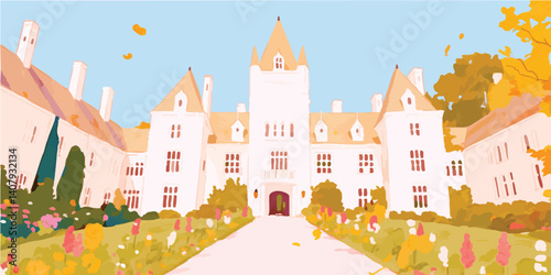 A grand chateau, a majestic French-style castle, stands proudly amidst vibrant flower gardens. The autumn leaves gently fall, adding a touch of romanticism to this picturesque scene. 