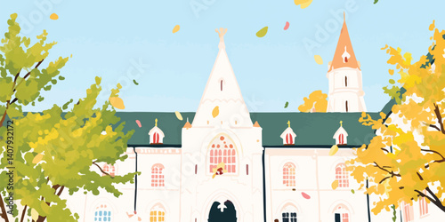 An architectural rendering of an impressive European university building in Autumn scene, featuring lush green and gold foliage, capturing the essence of academic grandeur and natural beauty.
