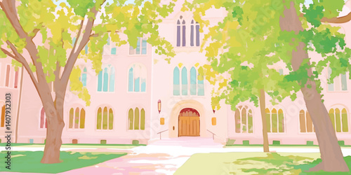 A tranquil afternoon at a grand building, with symmetrical composition of nature-inspired architecture. Warm tones and vibrant colors, invites viewers to a sense of calm and admiration.