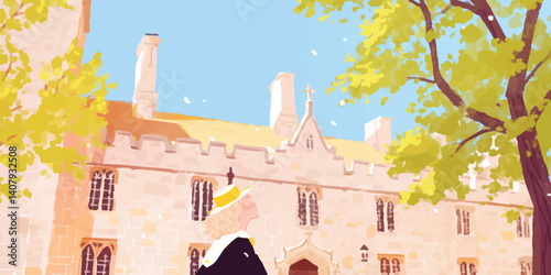 A student walking in front of the university, immersed in academia and architectural grandeur, bathed in the soft glow of sunlight.