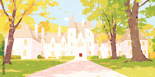 An illustration of a magnificent stately home at autumn time. Beautiful illustration for concept of property.