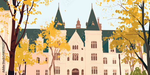 An enchanting illustration of a grand chateau with intricate details and a charming facade, nestled amidst a vibrant display of autumn foliage, evoking a sense of timeless elegance and serenity.