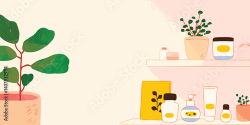 A shelf displaying various skincare products and potted plants, creating a tranquil and aesthetically pleasing scene.