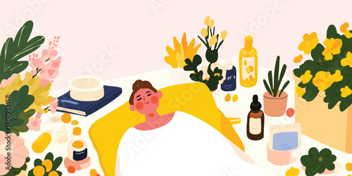 A serene scene of skincare and self-care illustration, creating a sense of tranquility and well-being. the illustrated elements.