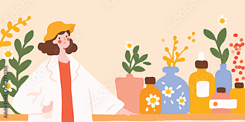 A young scientist in a lab coat stands next to a row of colorful bottles and plants, hinting at an illustration of natural skincare or herbal remedies.