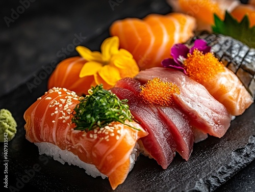 Sushi assortment plated elegantly gourmet restaurant food photography dark background close-up culinary art photo