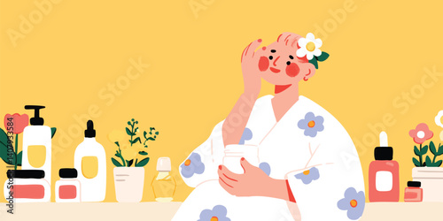 A woman in a floral robe applies a beauty product to her face, surrounded by natural skincare essentials like potted plants, bottles of oil, and cream.