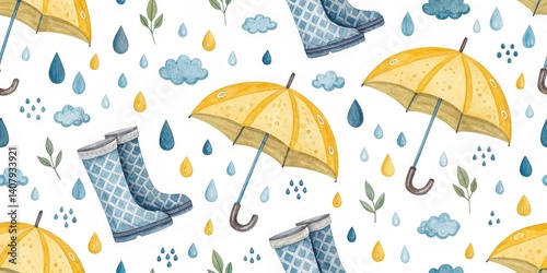 A playful pattern featuring yellow umbrellas, blue rain boots, and raindrops against a light background, perfect for a rainy day theme.