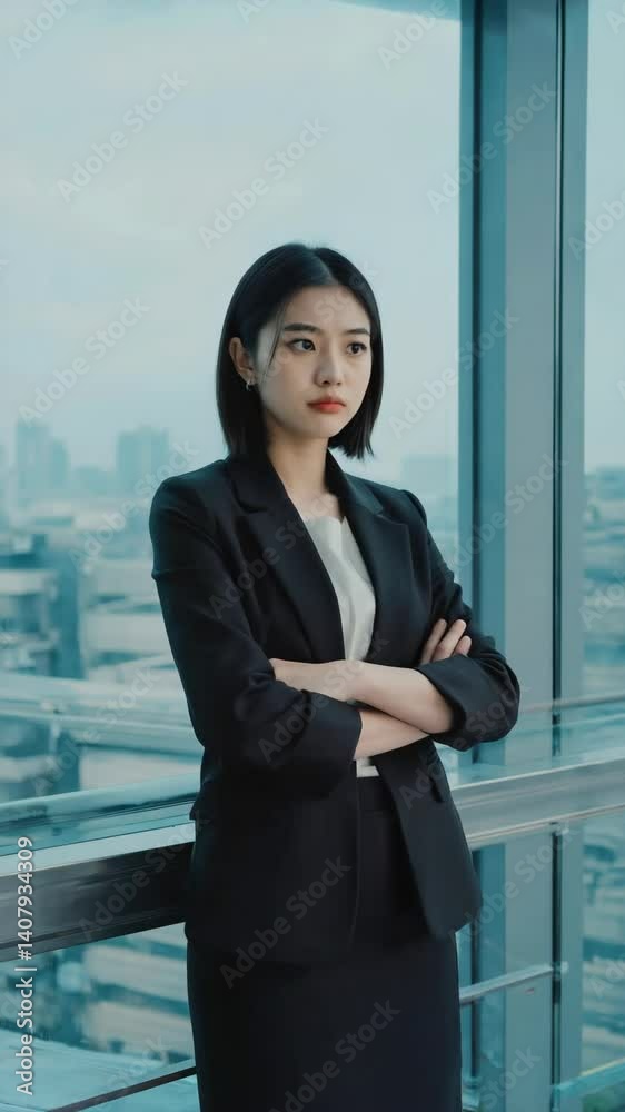 Focused professional woman in black suit stands near office window with arms crossed Focused professional woman in black suit stands near office window with arms crossed
