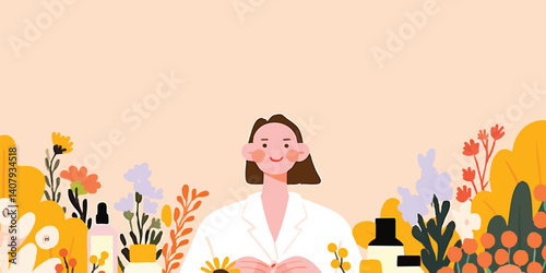 A female botanist, surrounded by vibrant blooms and botanical elements, delicately curates an array of natural skincare products, evoking a sense of organic well-being.