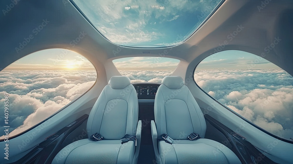 Naklejka premium Futuristic personal aircraft interior, cloud view from cockpit.