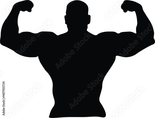 Silhouette of a strong, muscular athlete bodybuilder flexing biceps, isolated in black against white
